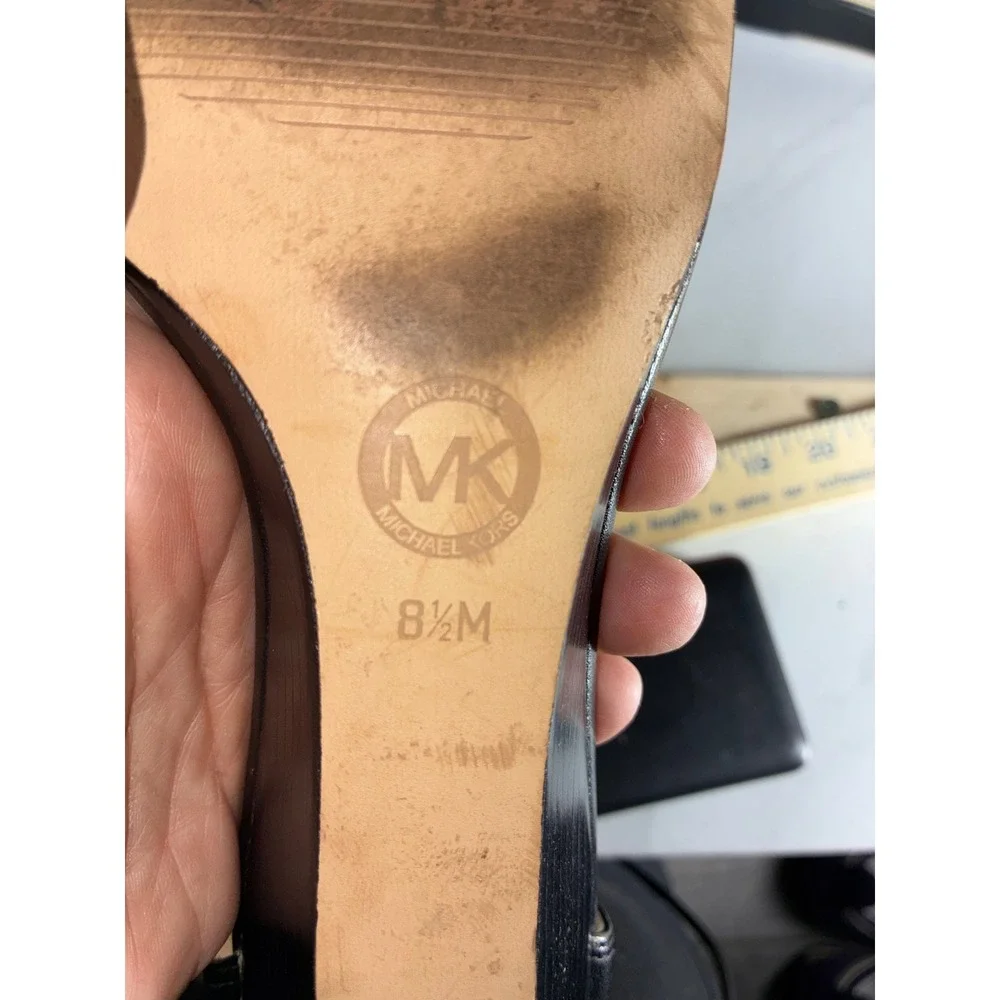 Michael Kors Black Studded T-Strap Wedge Sandals - 8.5 - Leather Edgy Glam Chic